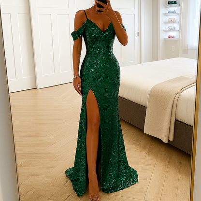 Women's Off Shoulder Maxi Dress Sequin Evening Black