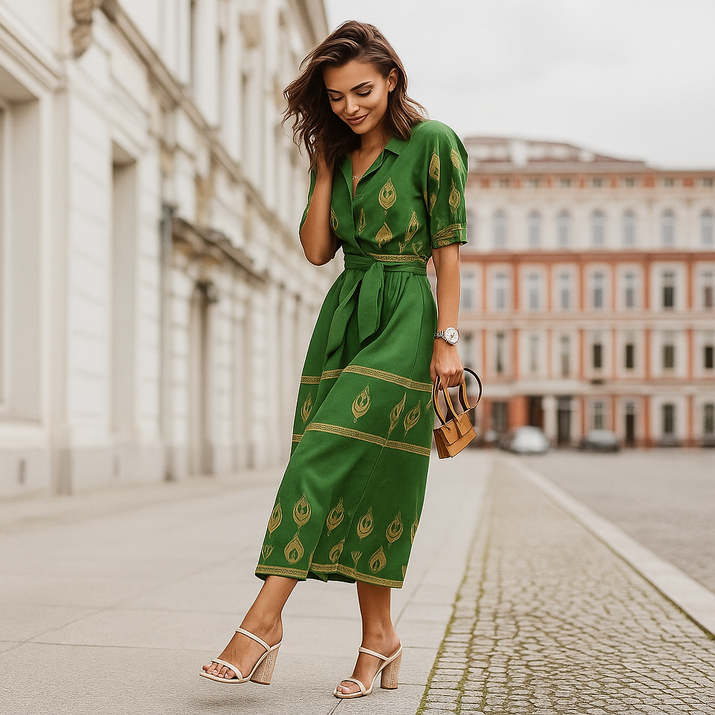Linen Blend Casual Dress Belted Natural