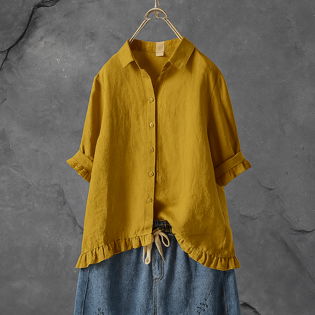 Women's Cotton Button Down Blouse Ruffled Hem - Vonnera