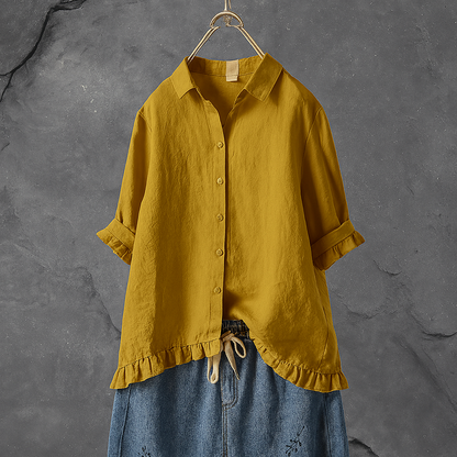 Women's Cotton Button Down Blouse Ruffled Hem - Vonnera
