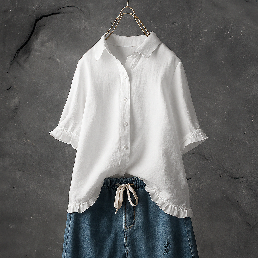 Women's Cotton Button Down Blouse Ruffled Hem