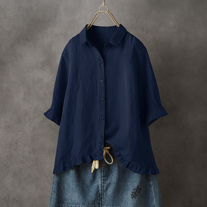 Women's Cotton Button Down Blouse Ruffled Hem
