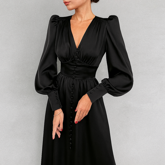 Women's V-Neck Midi Dress Puff Sleeves - Vonnera