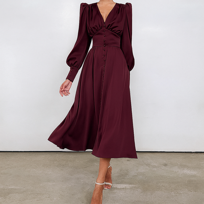 Women's V-Neck Midi Dress Puff Sleeves