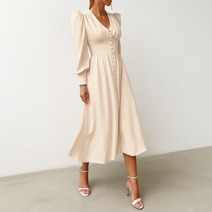 Women's V-Neck Midi Dress Puff Sleeves