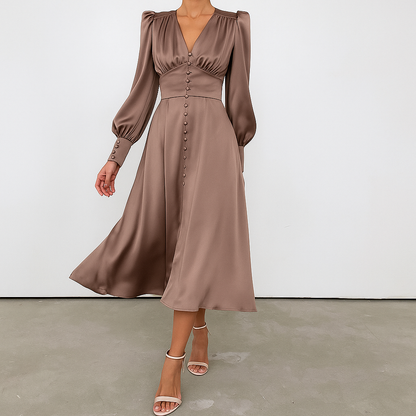 Women's V-Neck Midi Dress Puff Sleeves