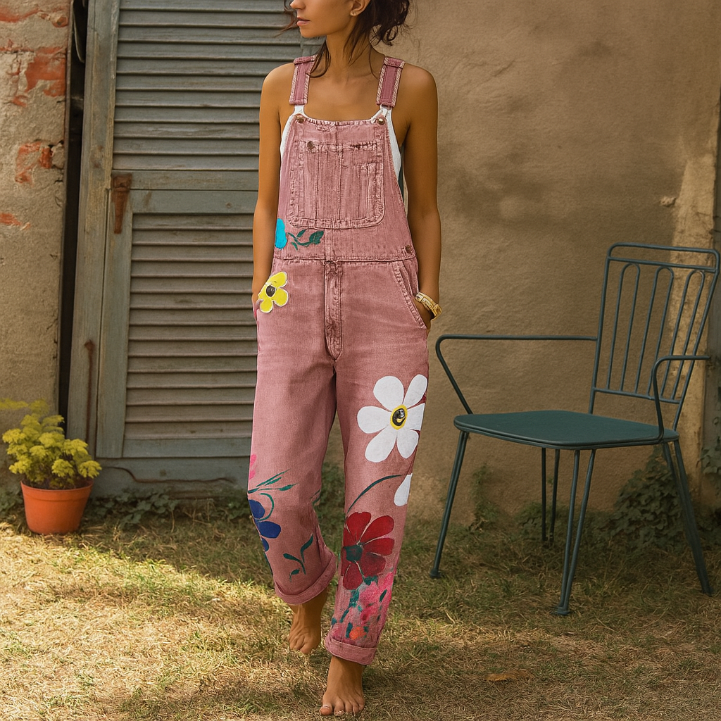 Women's Denim Jumpsuit Floral Pattern - Vonnera