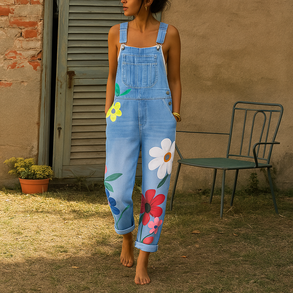 Women's Denim Jumpsuit Floral Pattern