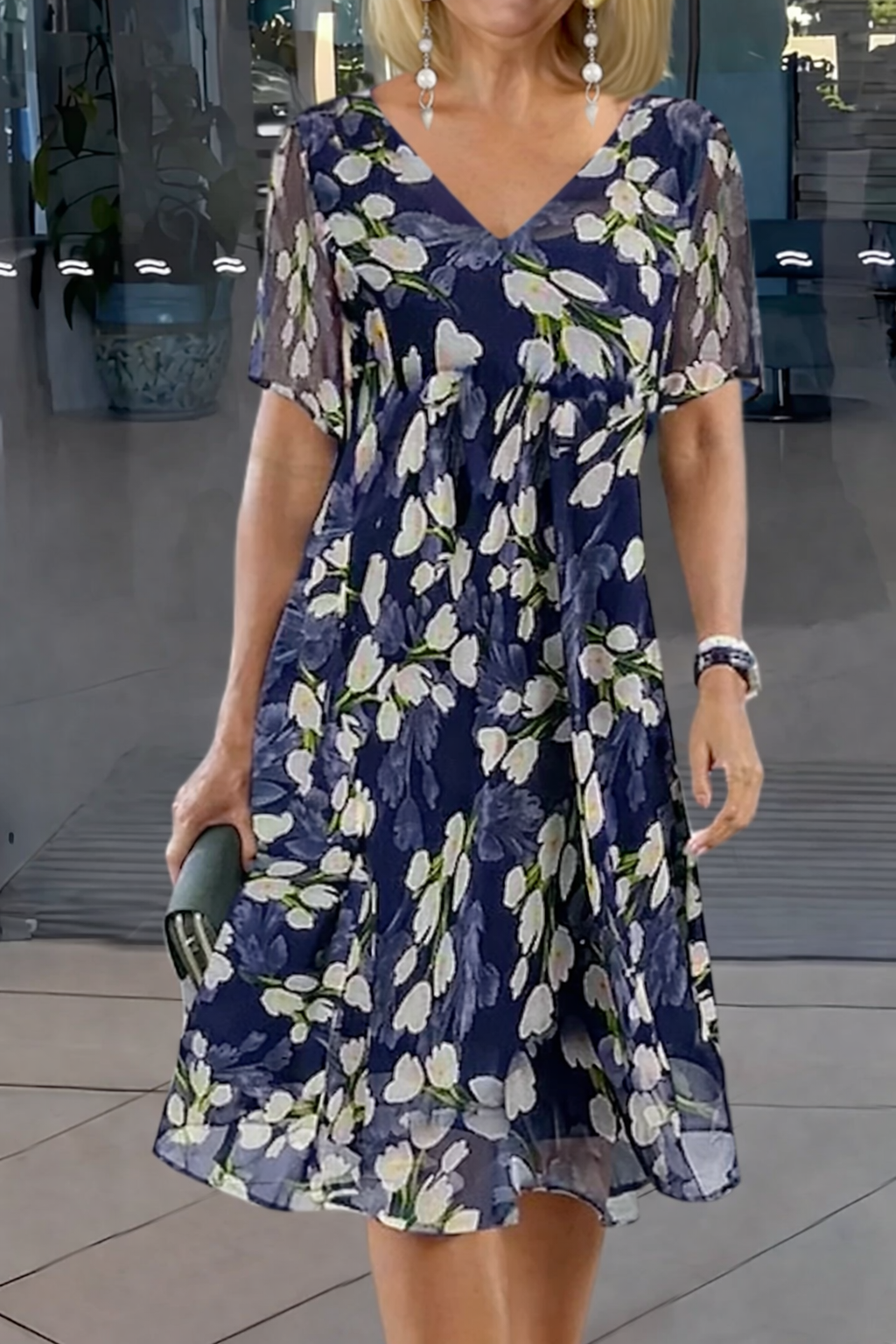 Women's Floral Print Double Layer Tunic Dress - Vonnera