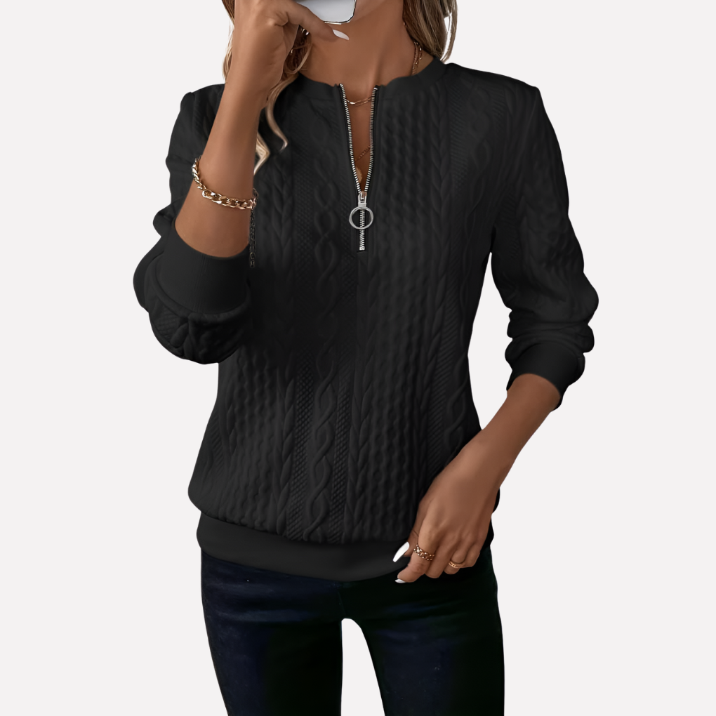 Women's Cable Knit Sweater Zippered Neckline