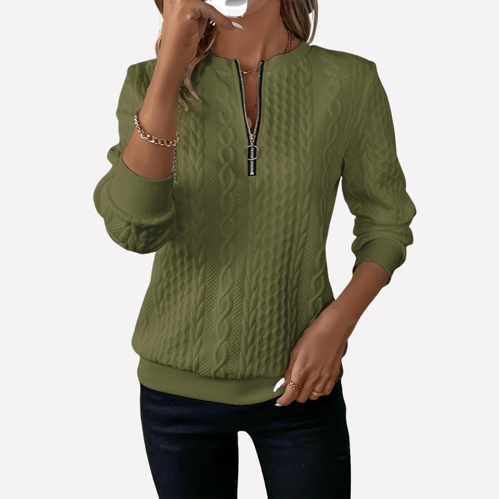 Women's Cable Knit Sweater Zippered Neckline