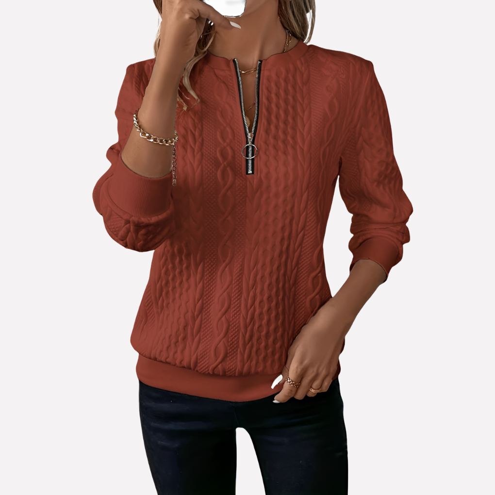 Women's Cable Knit Sweater Zippered Neckline