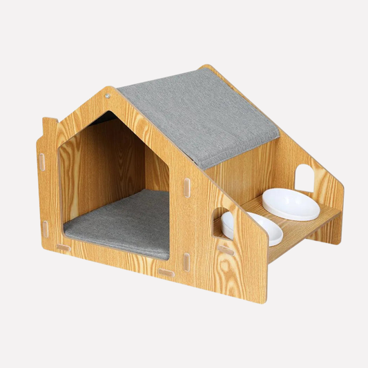 Wooden Cat House Elevated Double Feeder - Vonnera