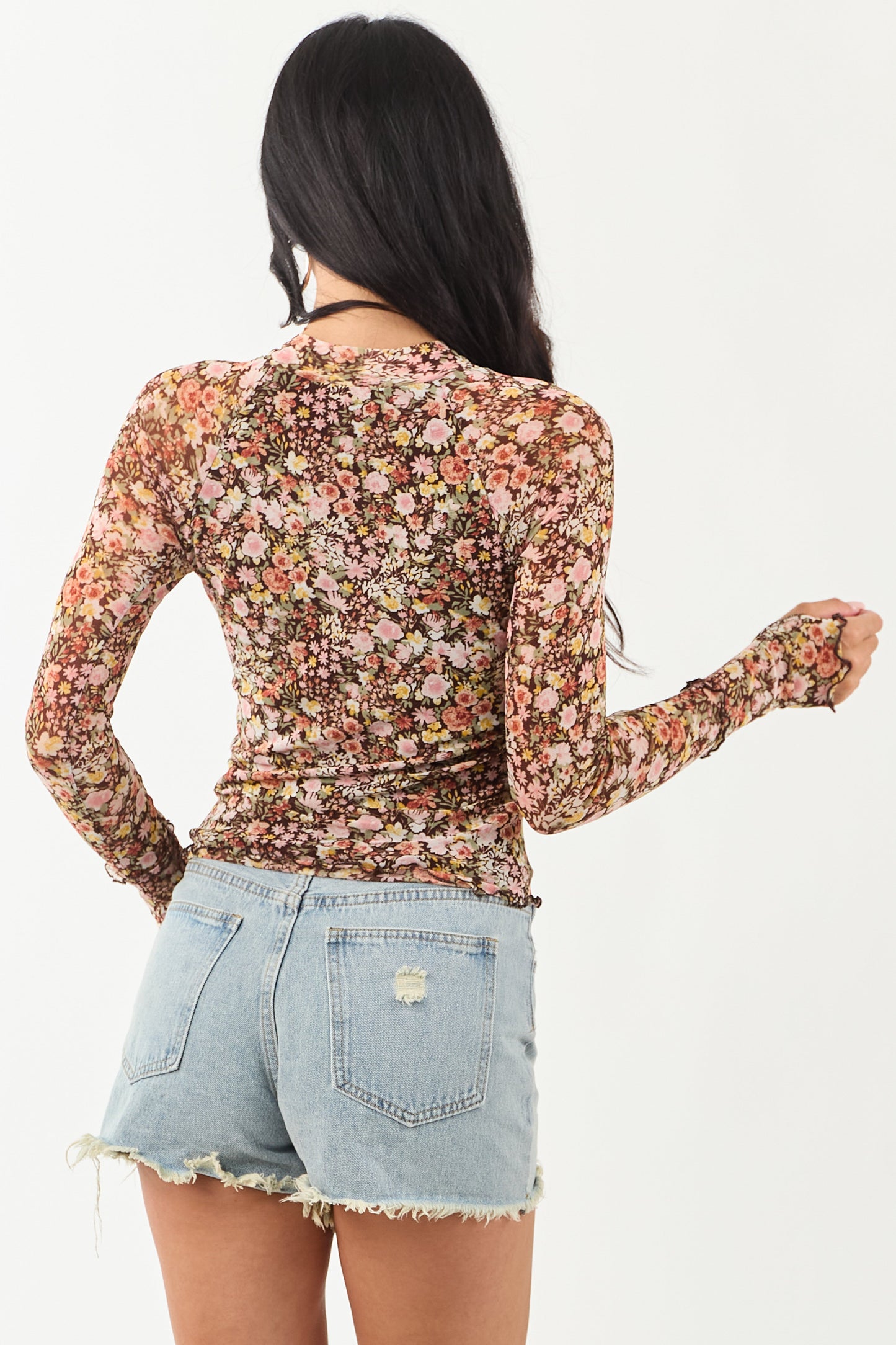 Women's Floral Print Mesh Long Sleeve Blouse Lightweight Brown