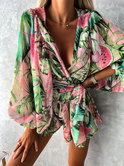 Women's Two-Piece Flowy Shorts Blouse Set