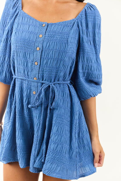 Women's Velvet Romper Cobalt Blue Puff Sleeves Wide Leg