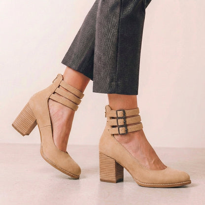 Vegan Leather Block Heel Pumps Buckled Ankle Strap Black
