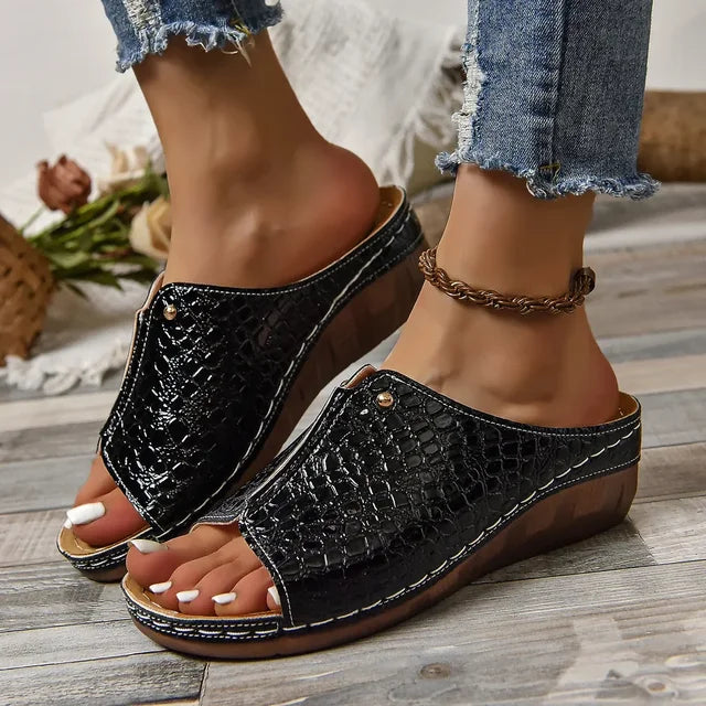 Women's Croc Embossed Wedge Sandals Comfortable - Vonnera