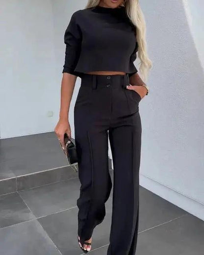 Women's Cropped And Trousers Set Comfortable - Vonnera