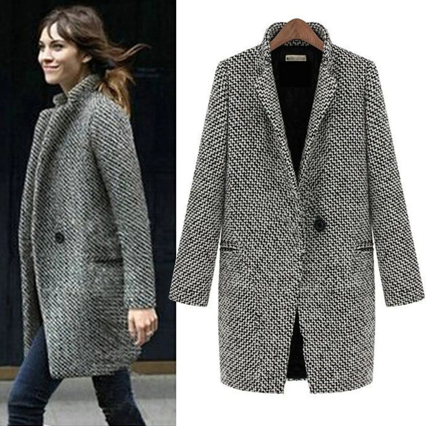 Women's Houndstooth Winter Coat Button Closure - Vonnera