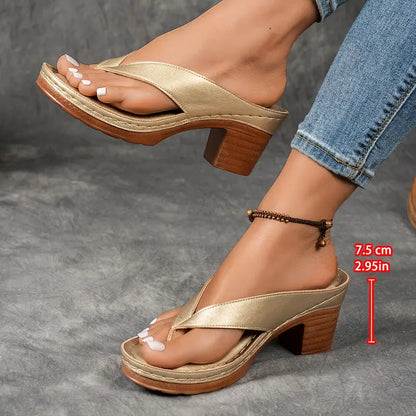 Women's Block Heel Sandals Thong Straps