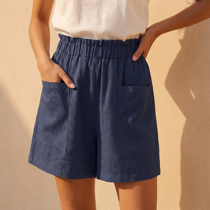 Women's Relaxed Fit Paperbag Shorts Cotton Patch Pockets Beige