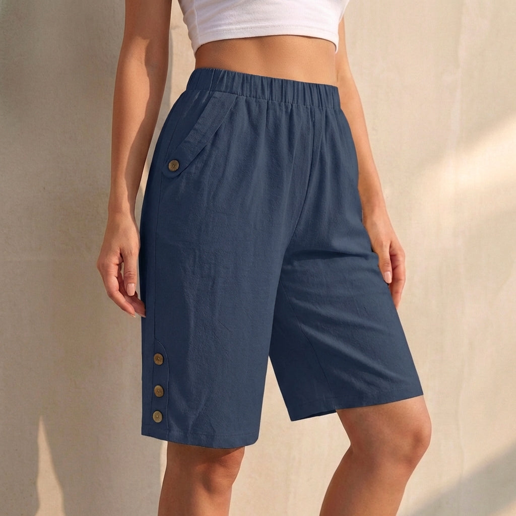 Women's High-Waist Knee-Length Shorts Button Accents - Vonnera