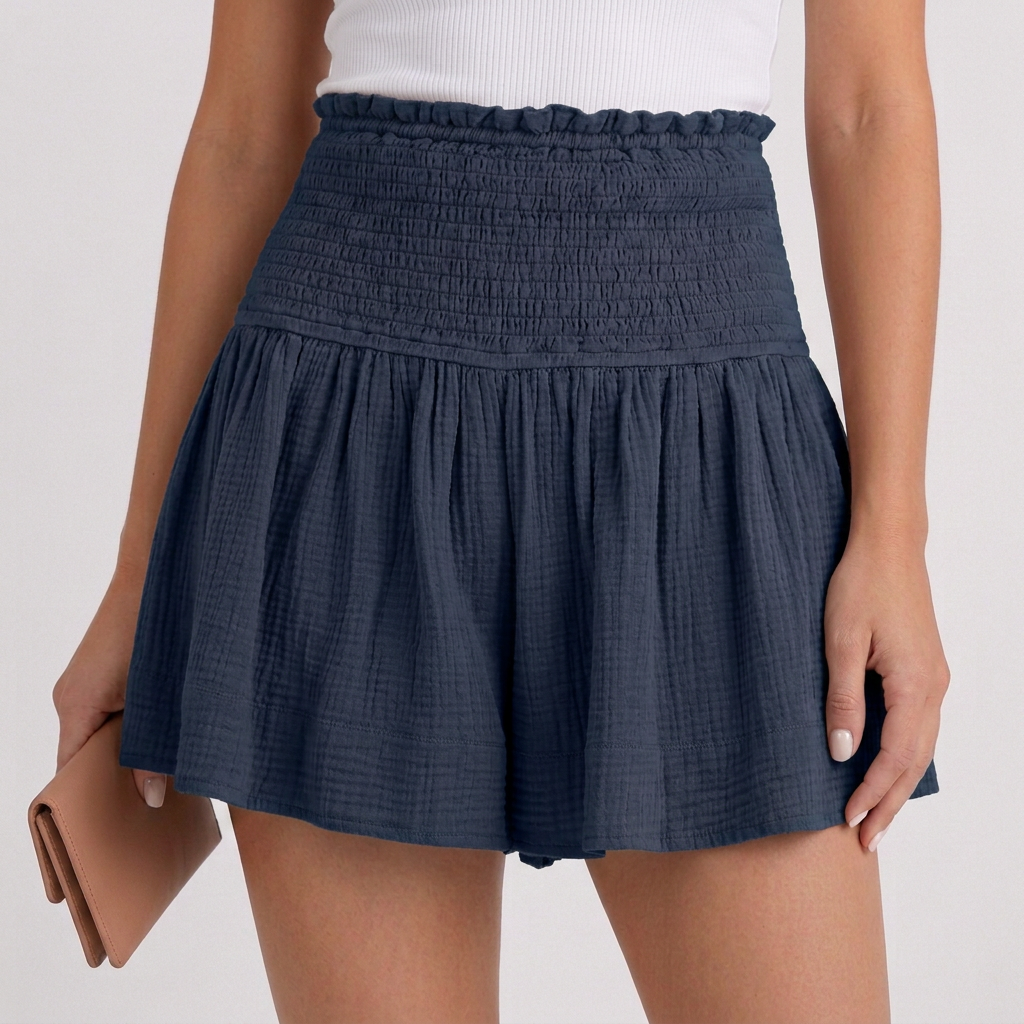 Women's Smocked Waist Shorts Textured Ruffle Trim Beige