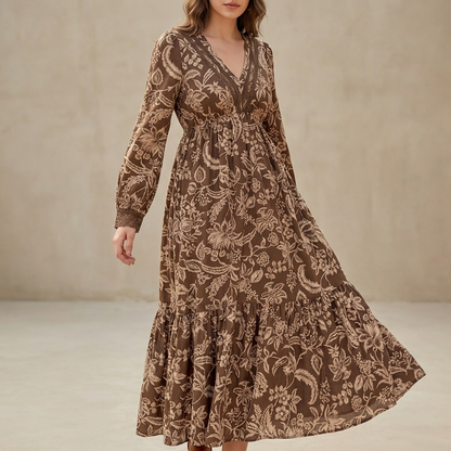 Women's V-Neck Maxi Dress Lace Trim Tiered Skirt