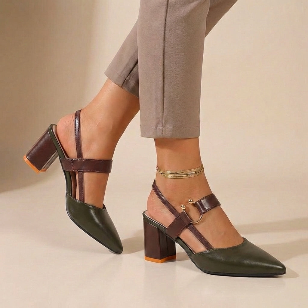 Women's Leather Slingback Pumps Buckled Strap Transparent Details