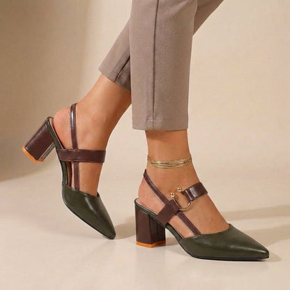 Women's Leather Slingback Pumps Buckled Strap Transparent Details