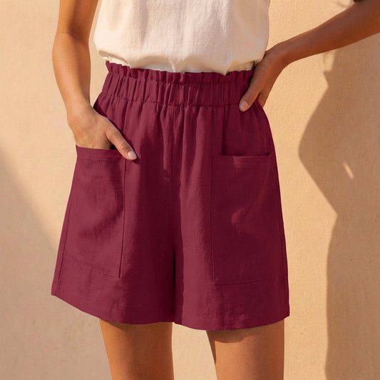Women's Relaxed Fit Paperbag Shorts Cotton Patch Pockets Beige - Vonnera