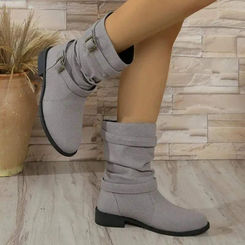 Women's Denim Ankle Boots Buckle Detail Comfortable - Vonnera
