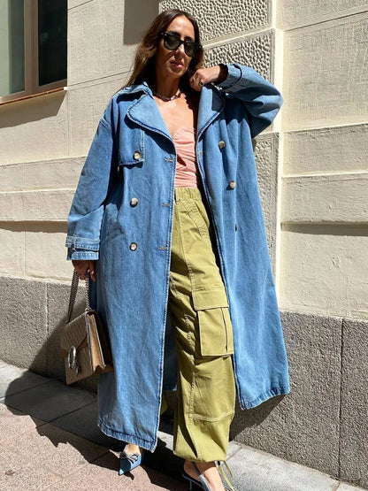 Women's Denim Trench Coat Oversized Button Front Blue - Vonnera