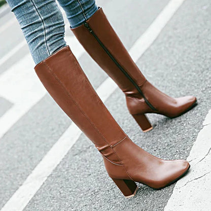 Women's Knee High Heeled Boots Zipper Closure