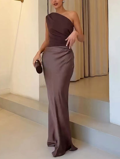 Elegant One Shoulder Pleated Maxi Dress