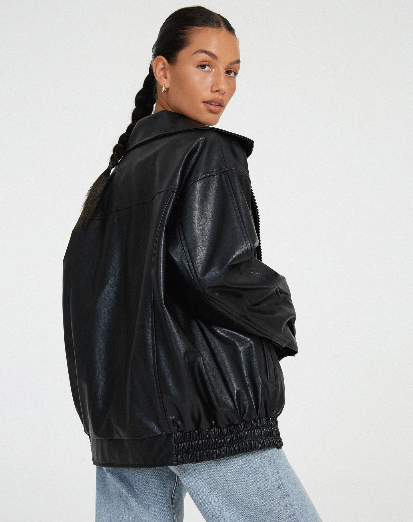 Women's Leather Zip-Up Jacket Relaxed Fit High Collar Black