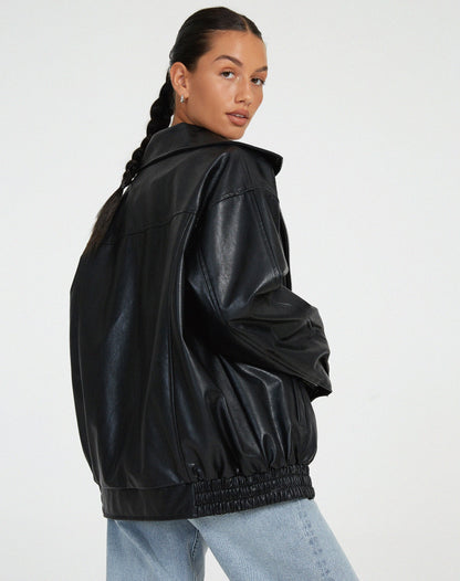 Women's Leather Zip-Up Jacket Relaxed Fit High Collar Black