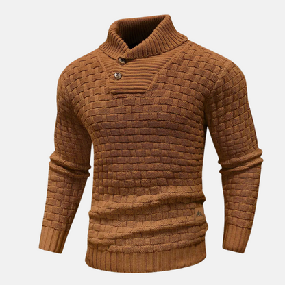 Men's Textured Knit Sweater Shawl Collar Button Detail Beige