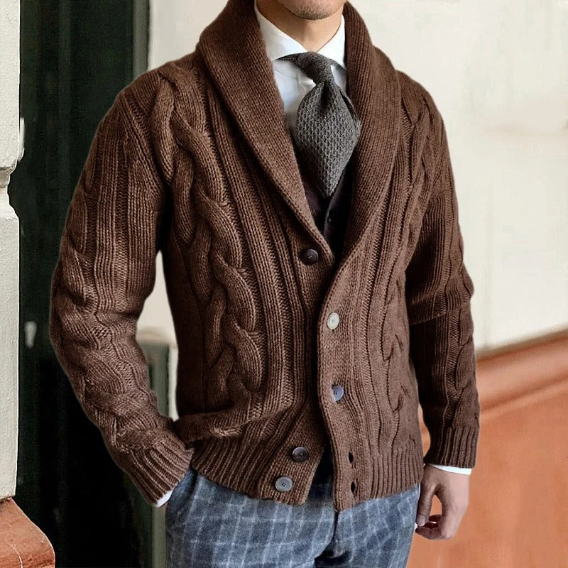 Men's Cable-Knit Cardigan Shawl Collar Button Closure