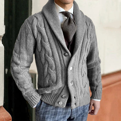 Men's Cable-Knit Cardigan Shawl Collar Button Closure