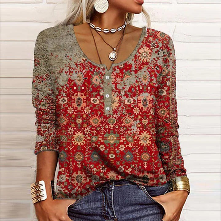 Women's Long Sleeve V-Neck Blouse Boho Print - Vonnera