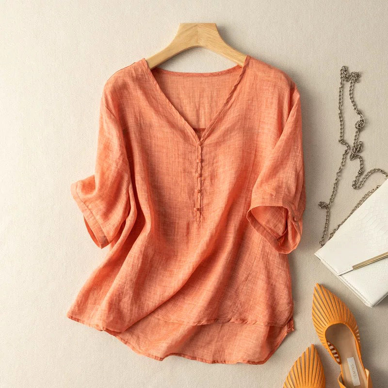 Women's Linen V-Neck Henley Shirt - Vonnera