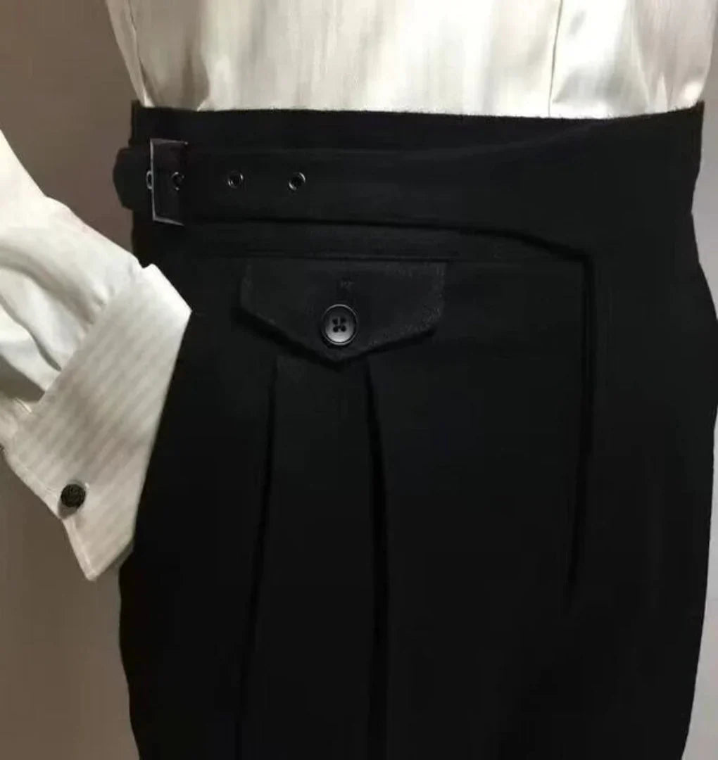 Men's Wool Trousers Belted Formal Black - Vonnera