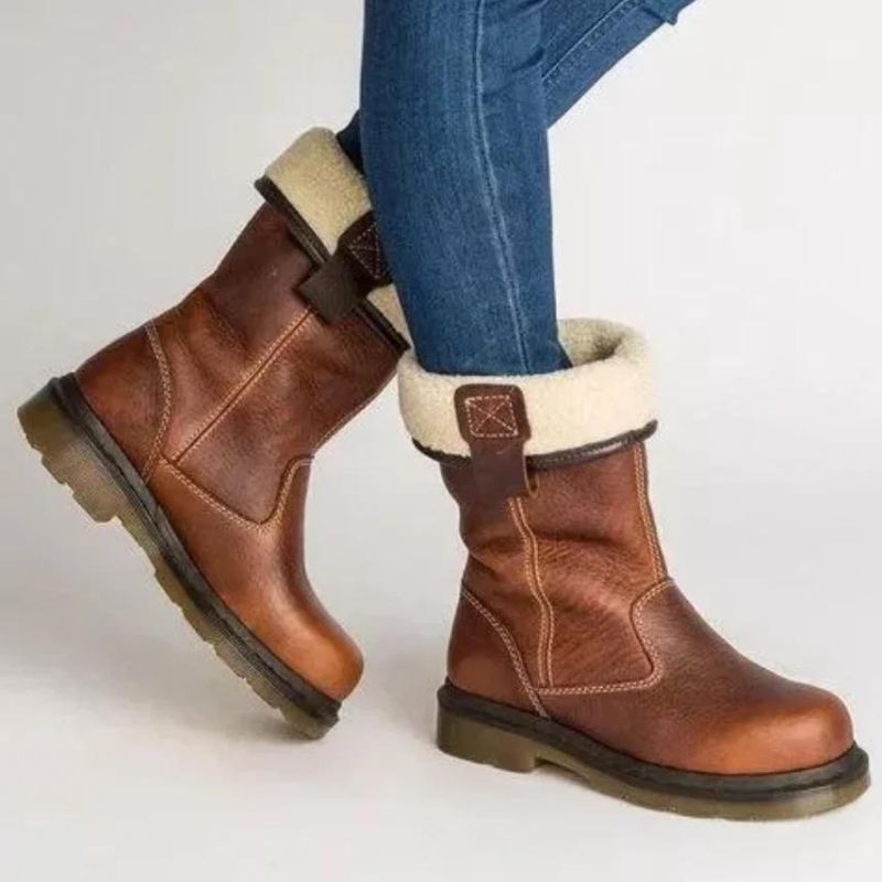 Women's Leather Mid-Calf Boots Fleece Lined Brown - Vonnera
