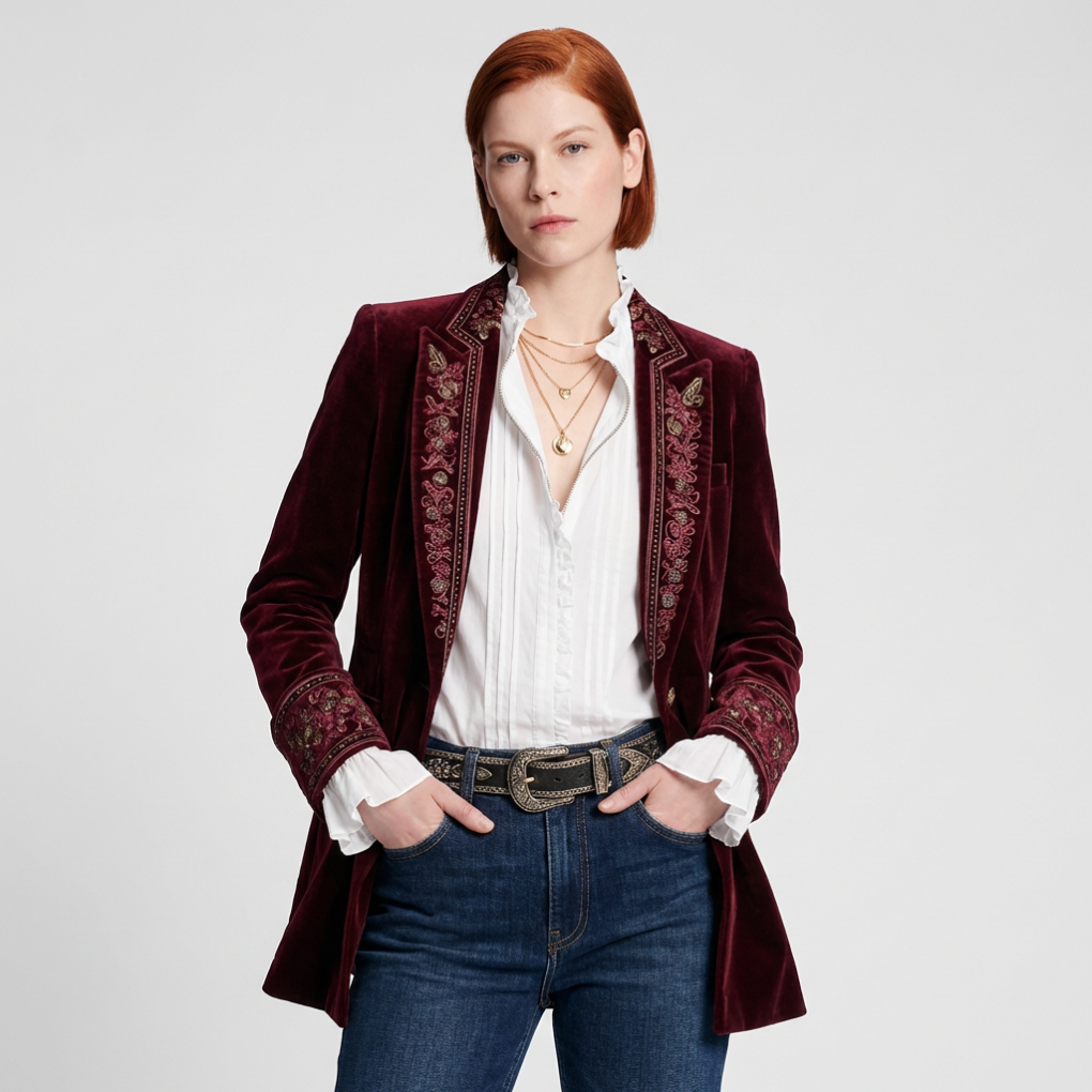Women's Embroidered Long Blazer Jacket - Vonnera