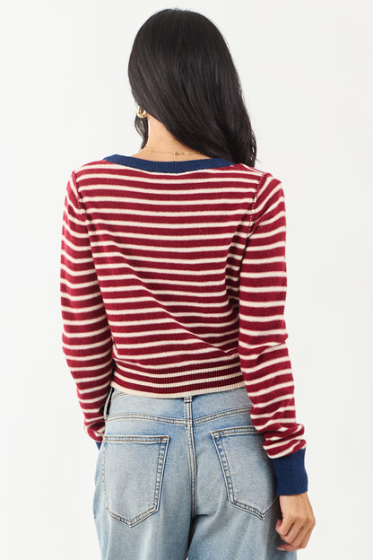 Women's Striped Cardigan Maroon Cream Button Down Knit