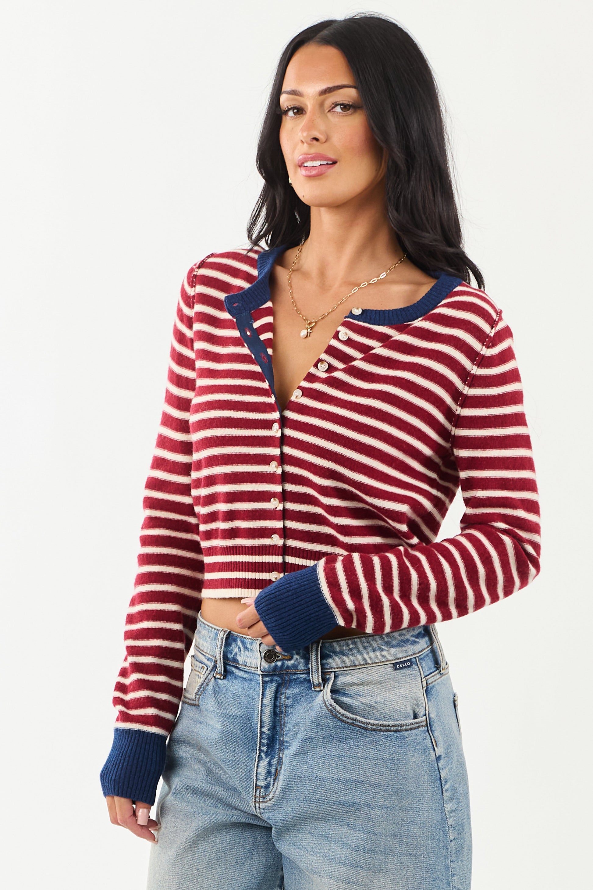 Women's Striped Cardigan Maroon Cream Button Down Knit - Vonnera