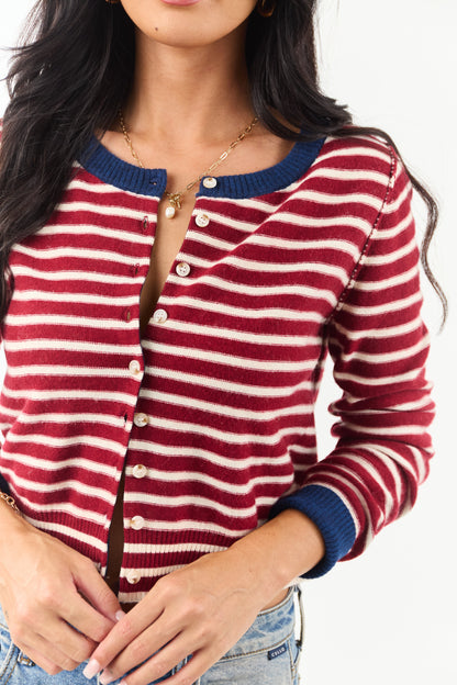Women's Striped Cardigan Maroon Cream Button Down Knit