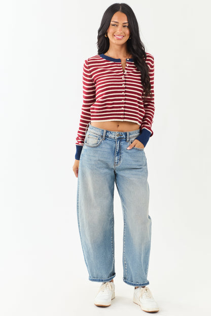 Women's Striped Cardigan Maroon Cream Button Down Knit